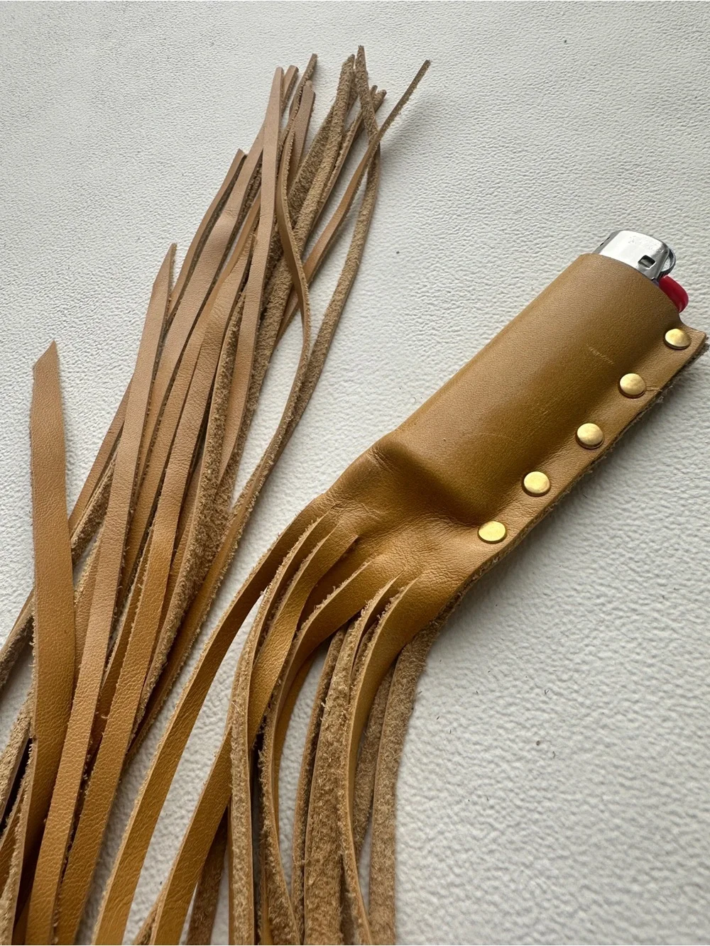 Yellow/Tan Leather Fringe Lighter Holder